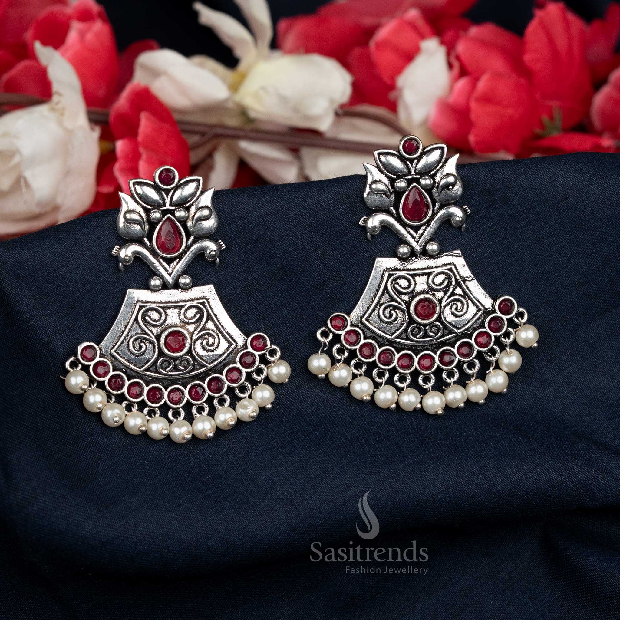 Ruby Tone Oxidised Temple Dome Earrings with Soft Pearl Fringe – Suited for College Wear Dressing – Sasitrends