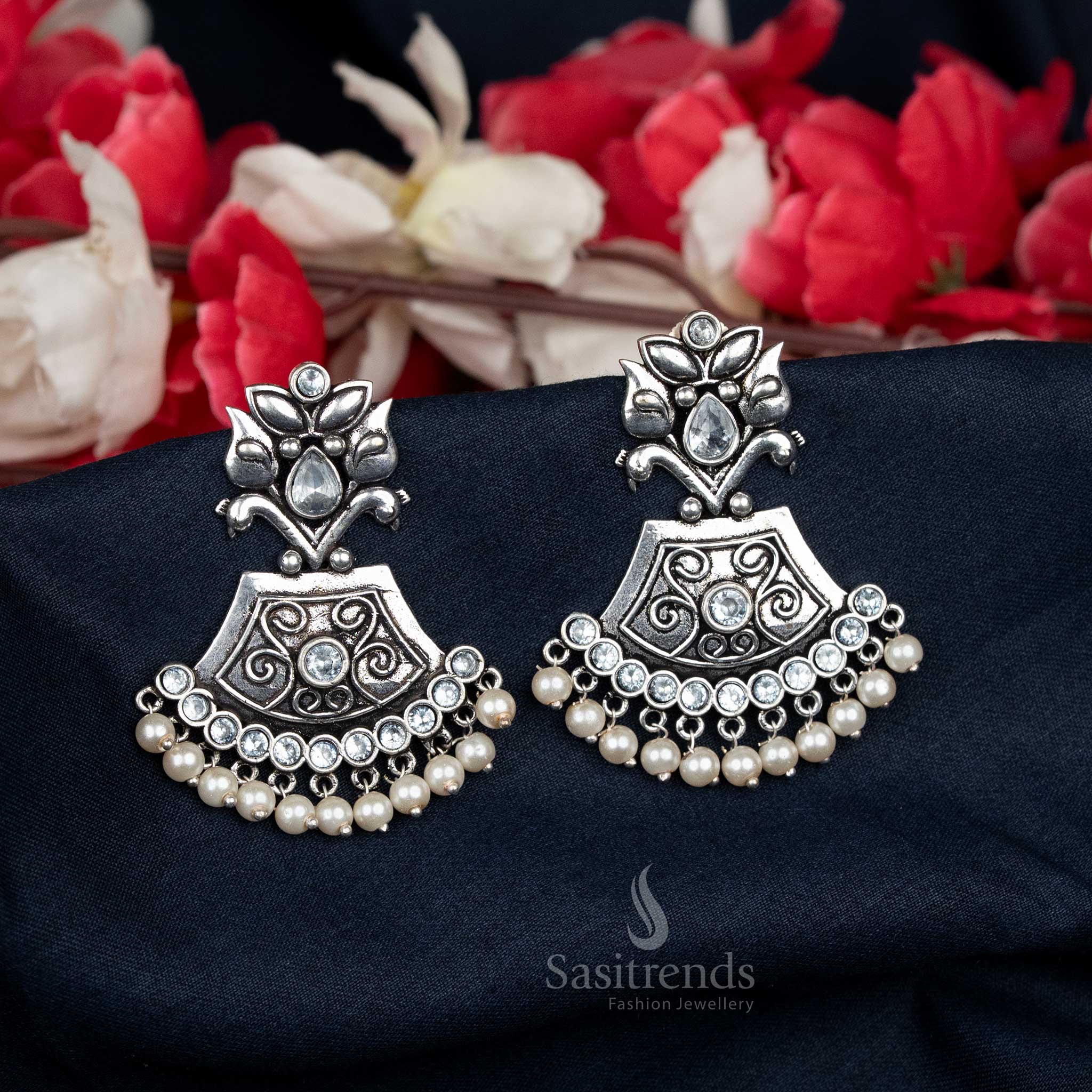 Oxidised Earrings with White Centrepiece and Pearl Drops in Dome Style – Made for Simple Office Dressing – Sasitrends