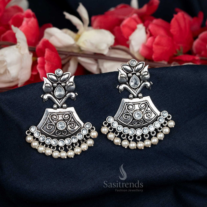 Oxidised Earrings with White Centrepiece and Pearl Drops in Dome Style – Made for Simple Office Dressing – Sasitrends