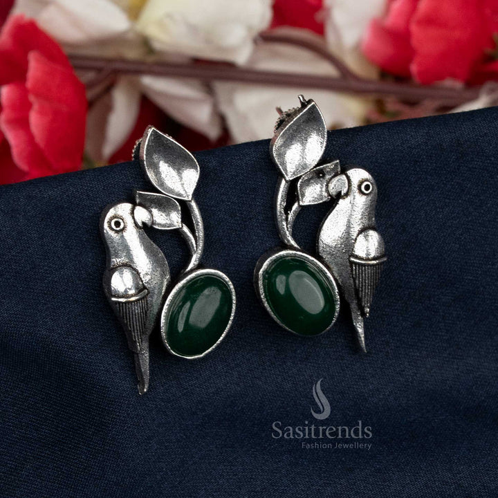 Oxidised Earrings Featuring Parrot Stud Design with Bright Green Oval Stone – Ideal for College and Office Wear – Sasitrends