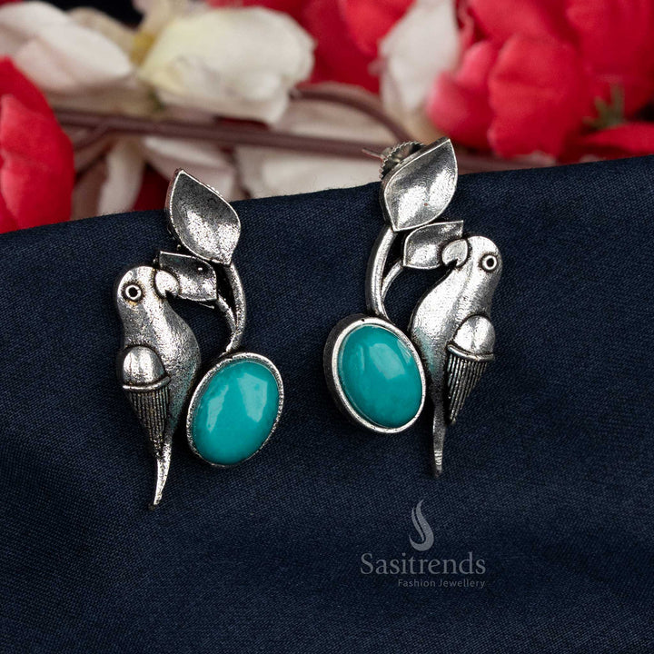 Oxidised Parrot Earrings in Mint Tone with Oval Stone Centre – Comfortable Option for Daily Casual Wear – Sasitrends