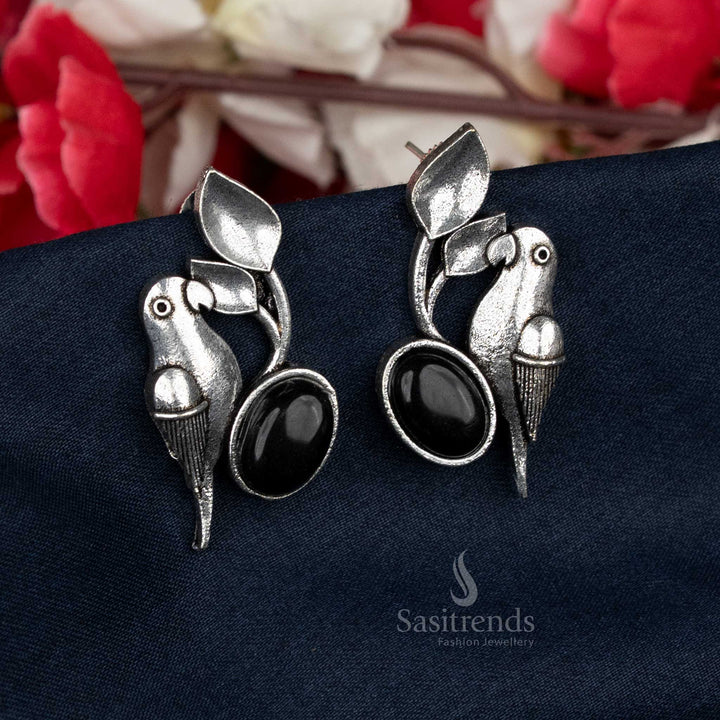 Oxidised Parrot Stud Earrings with Bold Black Oval Stone – Made for College and Office Wear Looks – Sasitrends