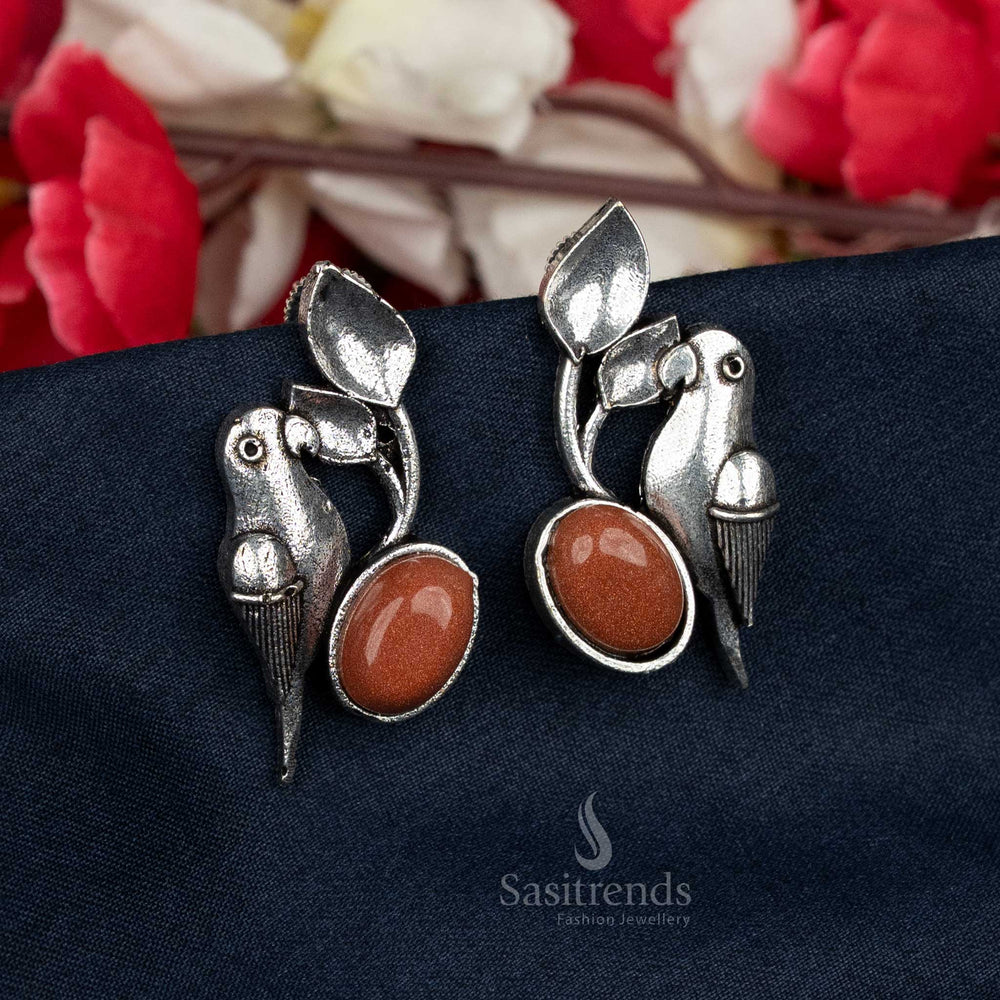Oxidised Parrot Earrings with Earthy Brown Oval Stone – Designed for Daily Wear Styling – Sasitrends