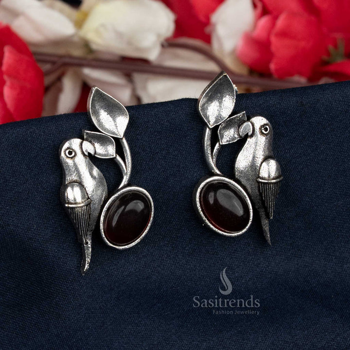 Parrot Style Oxidised Earrings with Deep Maroon Oval Stone – Great for Casual Dressing Days – Sasitrends