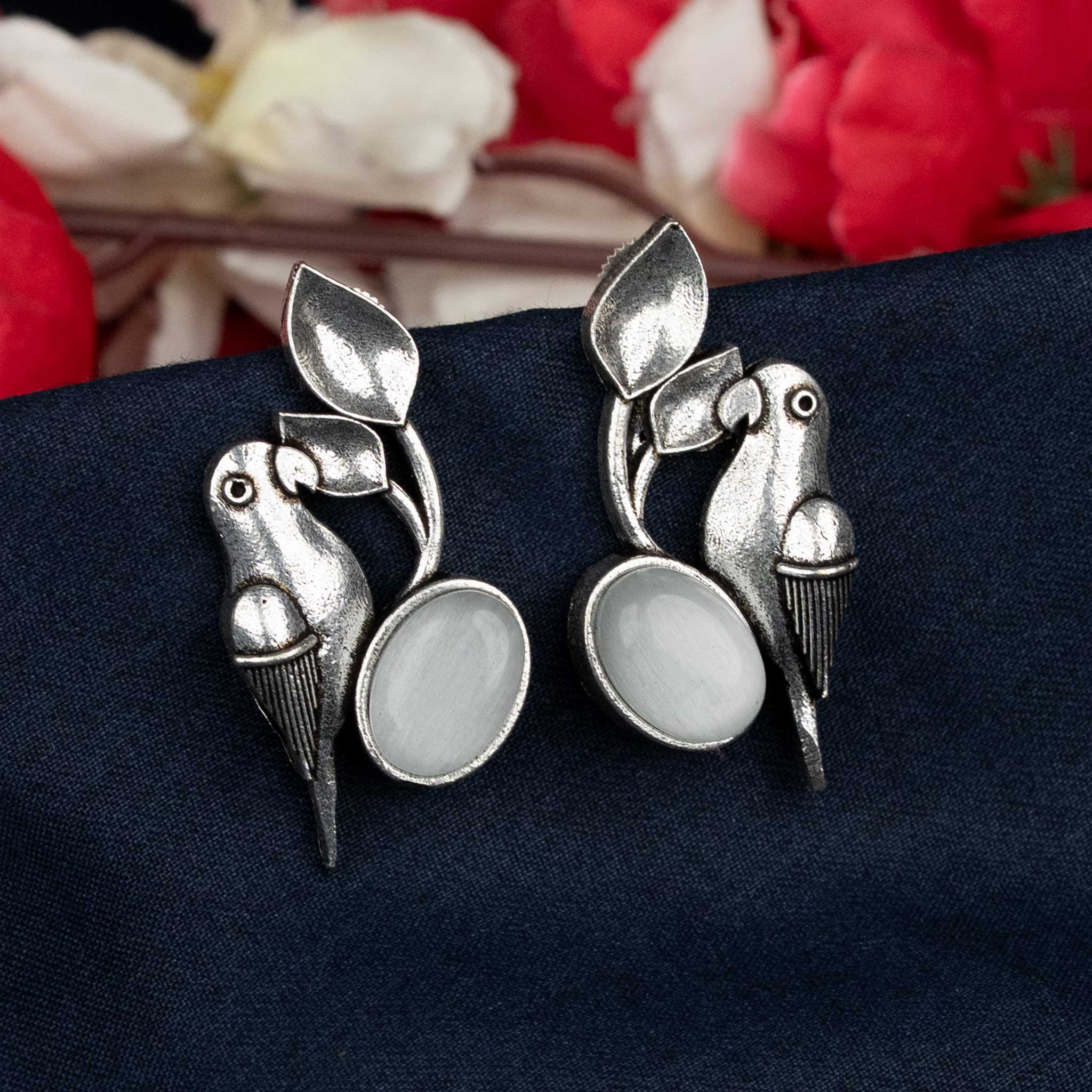 White Oval Stone Oxidised Earrings in Parrot Stud Design – A Minimal Pick for Office Wear Styling – Sasitrends