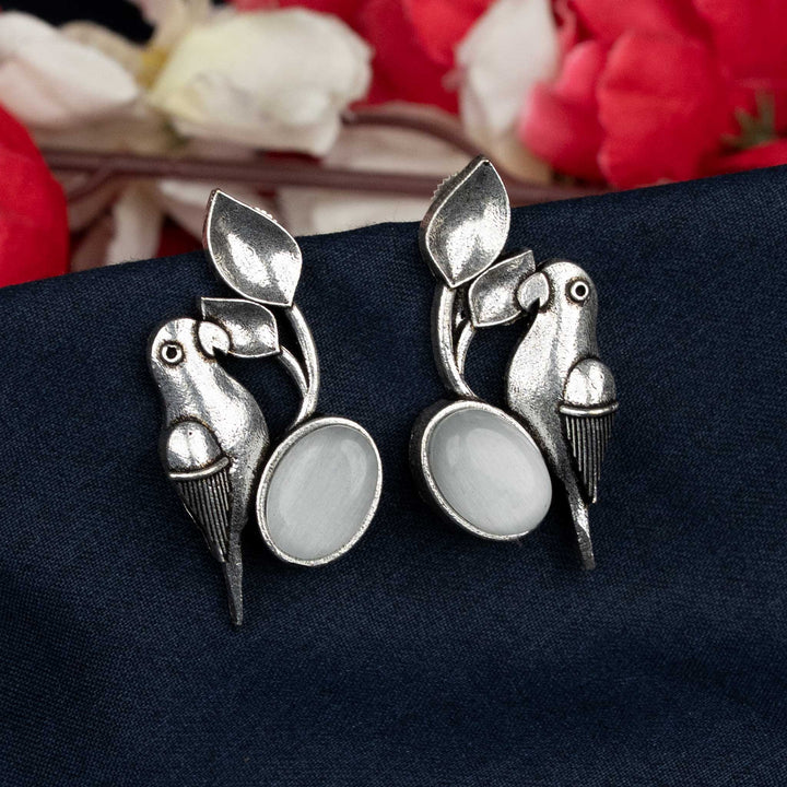 White Oval Stone Oxidised Earrings in Parrot Stud Design – A Minimal Pick for Office Wear Styling – Sasitrends