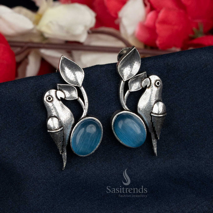 Blue Oval Stone Oxidised Parrot Stud Earrings – A Simple and Chic Match for Everyday College Looks – Sasitrends
