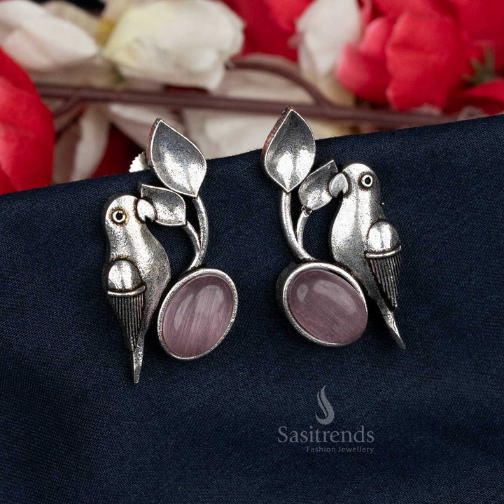 Parrot Stud Earrings with Oxidised Finish and Pink Oval Stone – Perfect for College Wear Outfits – Sasitrends