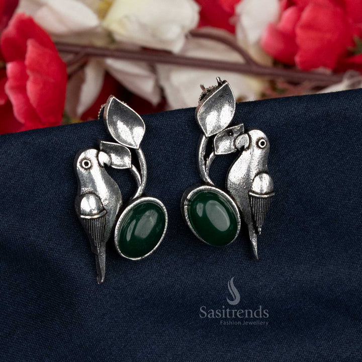 Oxidised Parrot Stud Earrings Adorned with Green Oval Stone – Best Suited for Casual Everyday Wear – Sasitrends