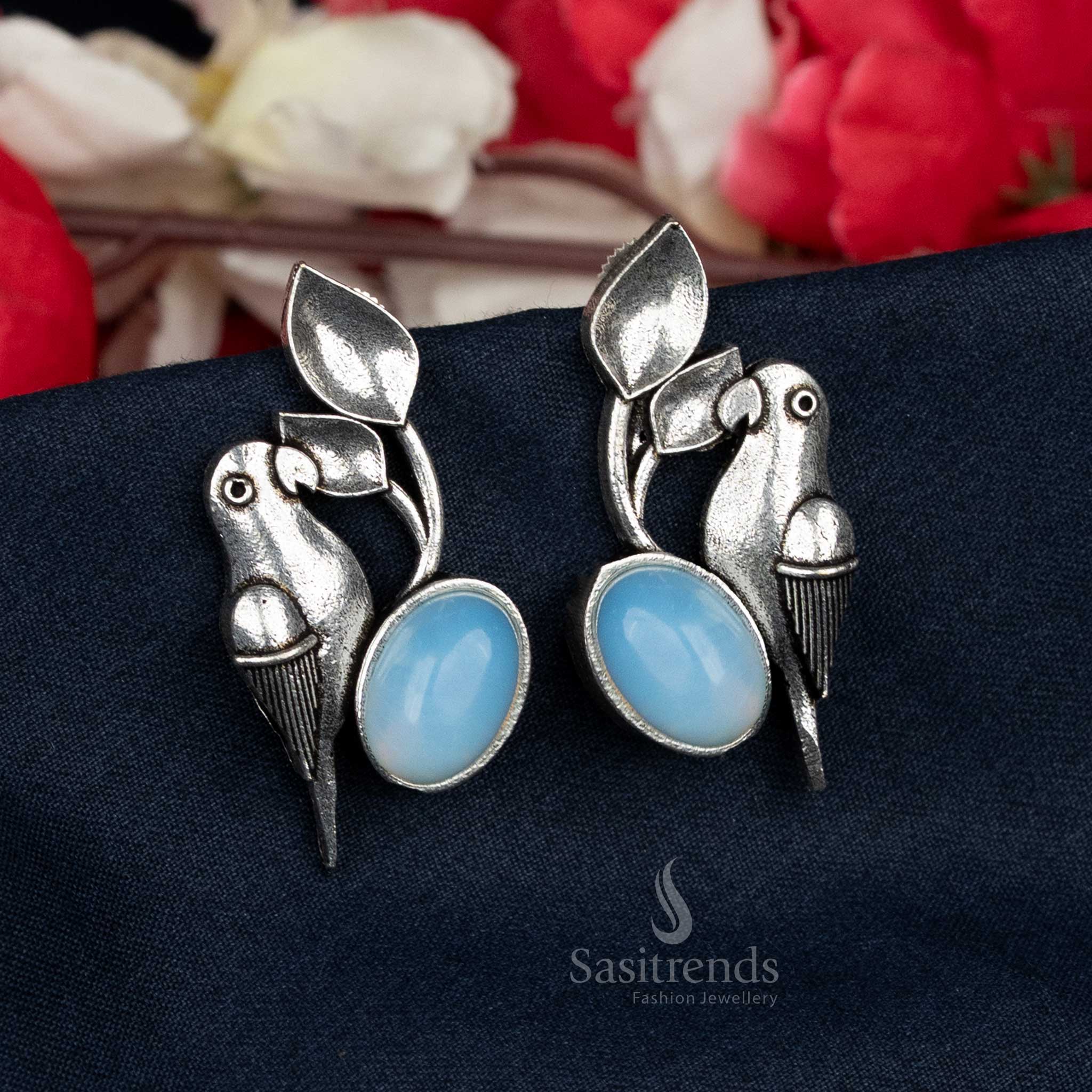 Oxidised Parrot Stud Earrings Featuring Ocean Blue Oval Stone – Ideal for Office Casual Pairing – Sasitrends