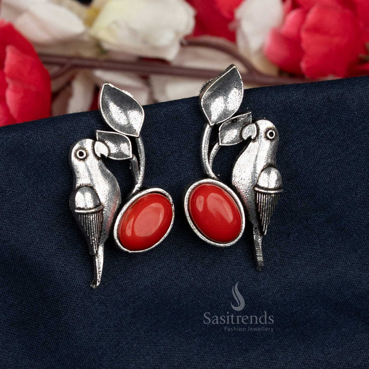 Red Oval Stone Oxidised Earrings in Parrot Style – A Daily Wear Favourite for Bright Looks – Sasitrends