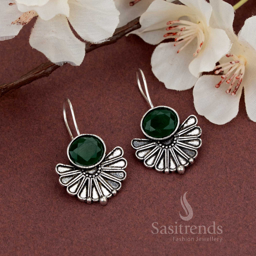Oxidised Fan Design Earrings with Natural Faceted Stone - Sasitrends - Sasitrends