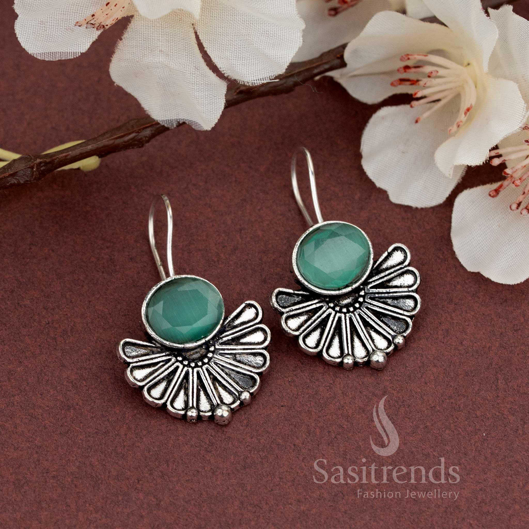 Oxidised Fan Design Earrings with Natural Faceted Stone - Sasitrends - Sasitrends