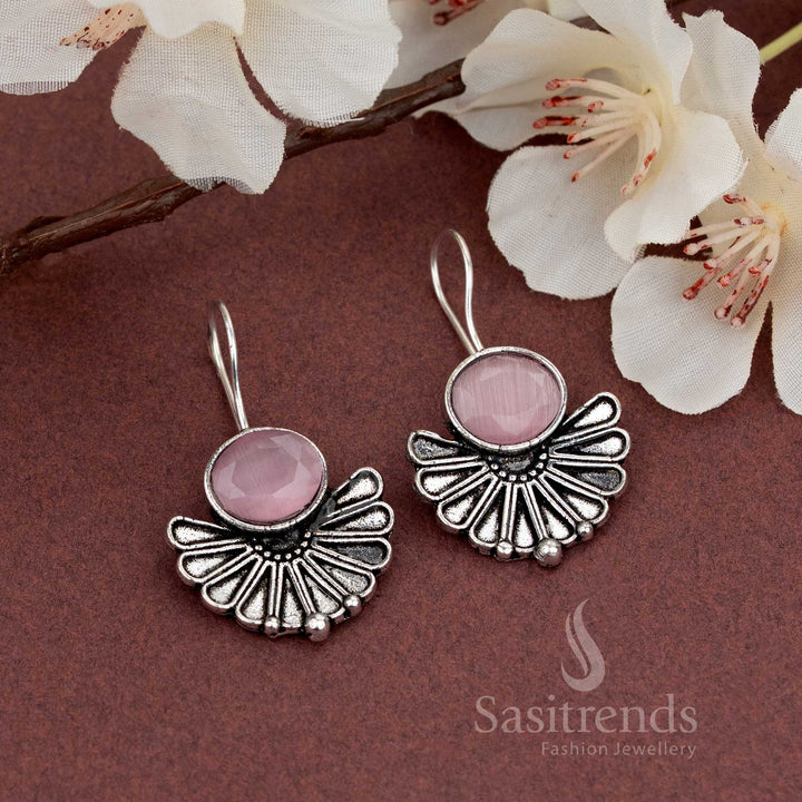 Oxidised Fan Design Earrings with Natural Faceted Stone - Sasitrends - Sasitrends
