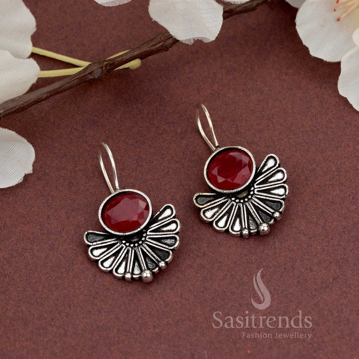 Oxidised Fan Design Earrings with Natural Faceted Stone - Sasitrends - Sasitrends