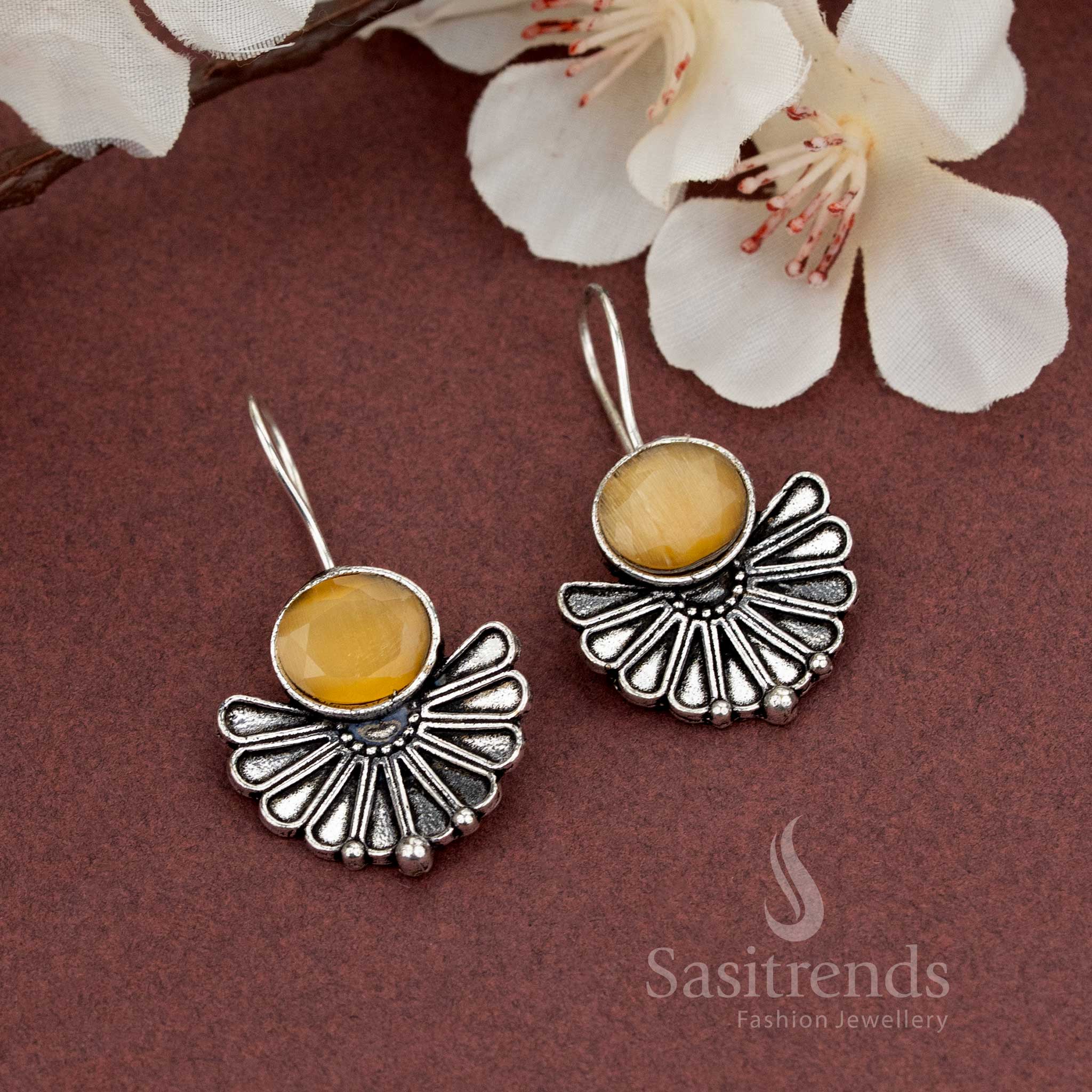 Oxidised Fan Design Earrings with Natural Faceted Stone - Sasitrends - Sasitrends