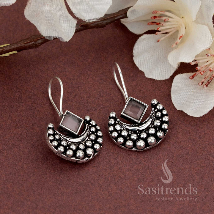 Oxidised crescent earrings with earthy brown square stone, ideal for daily styling with neutral-toned outfits – Sasitrends