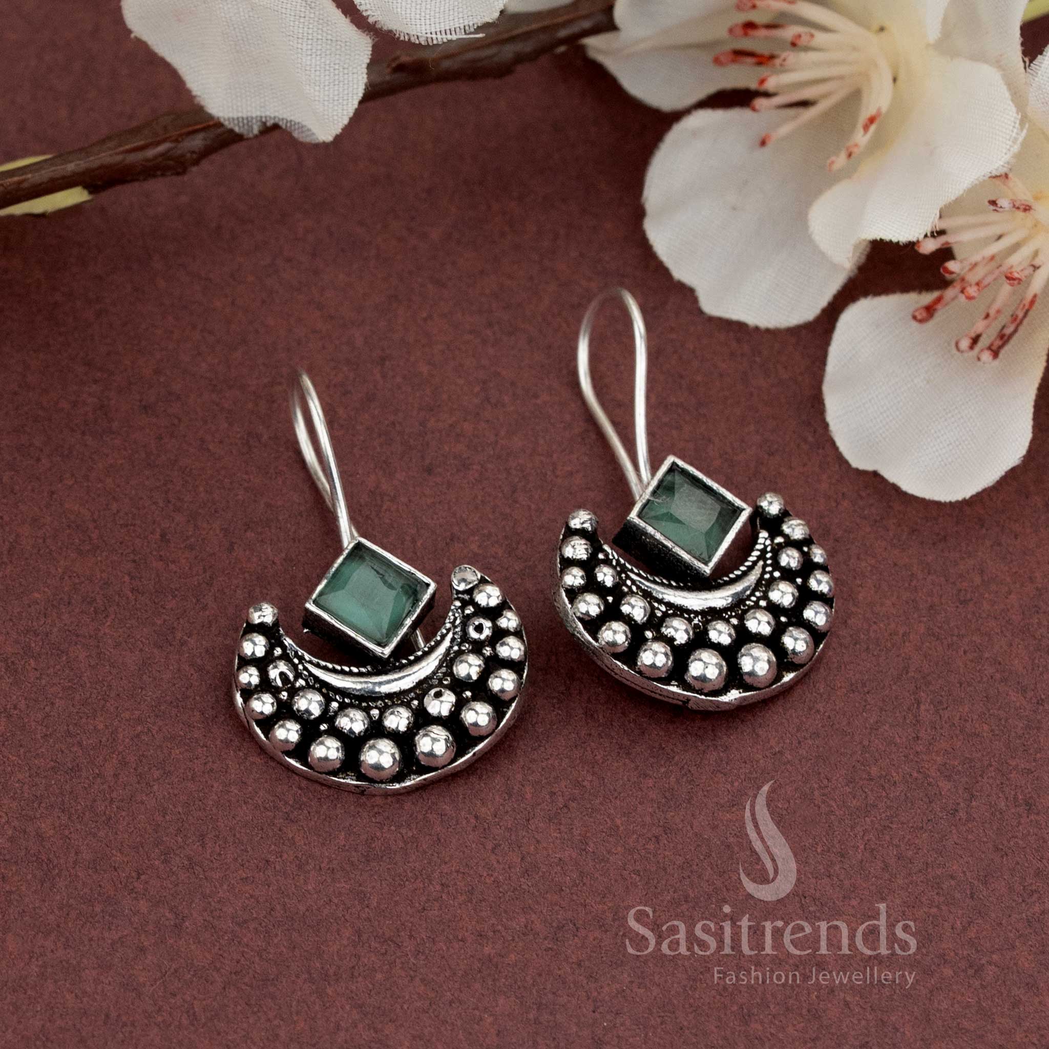 Oxidised crescent earrings with vivid green square stone, suitable for everyday and college wear – Sasitrends