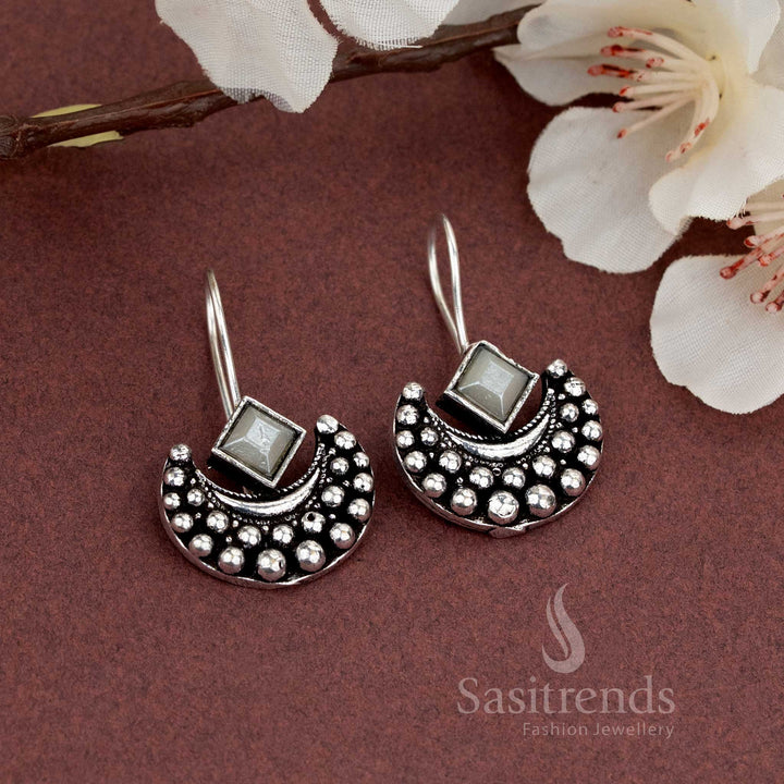 Oxidised silver earrings with subtle grey square stone, suited for daily styling with lightweight outfits – Sasitrends
