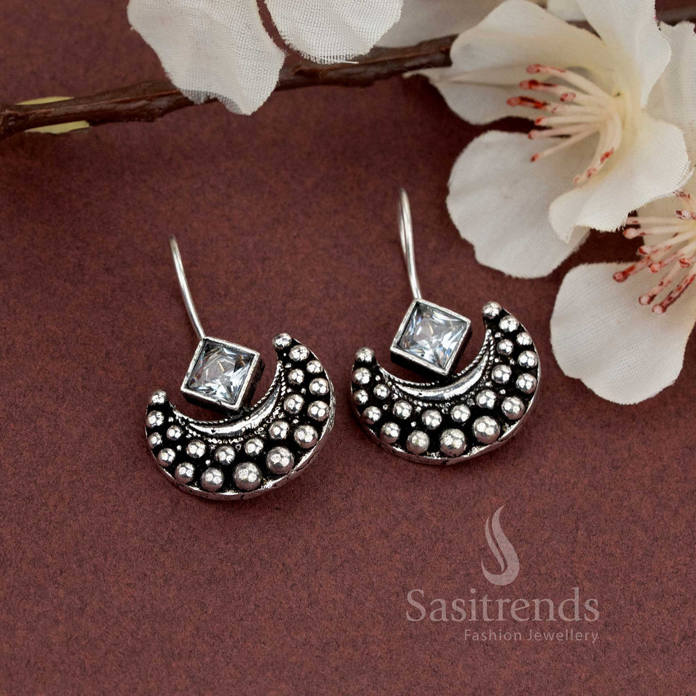 Oxidised crescent design earrings with square white natural stone, ideal for casual wear and daily styling – Sasitrends