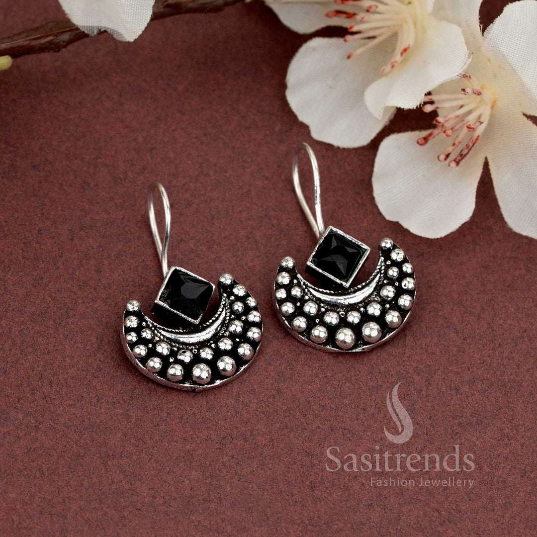 Black square stone oxidised earrings with crescent frame, edgy yet simple choice for everyday casual wear – Sasitrends