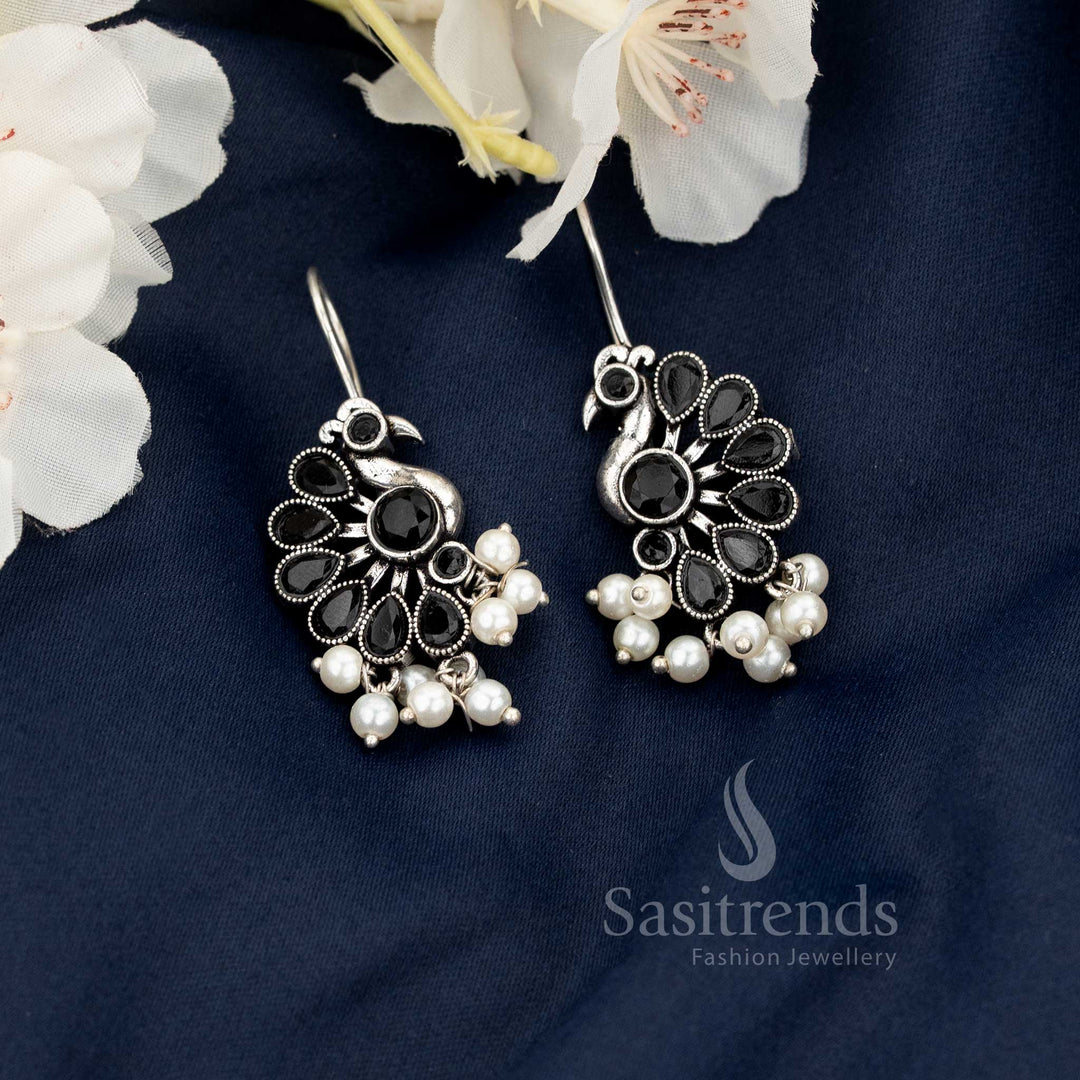 Sasitrends Oxidised Peacock Motif Fish Hook Earrings with Hanging Pearls