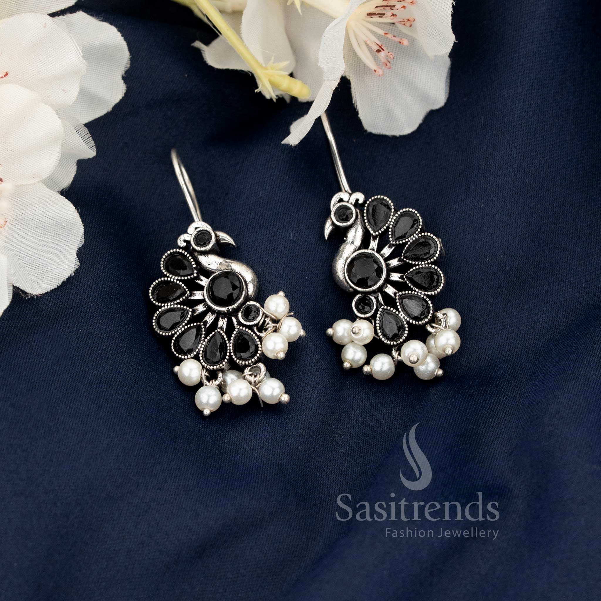 Sasitrends Oxidised Peacock Motif Fish Hook Earrings with Hanging Pearls