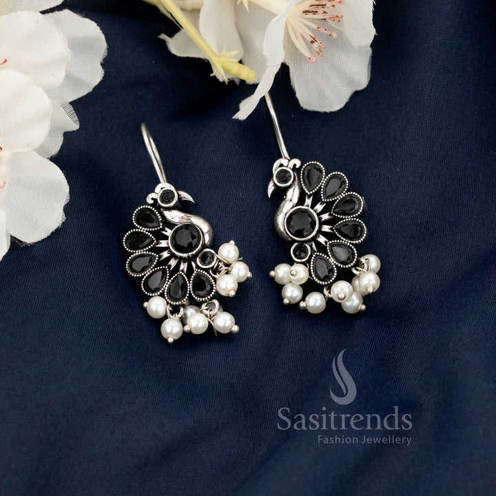 Oxidised Peacock Motif Fish Hook Earrings with Hanging Pearls