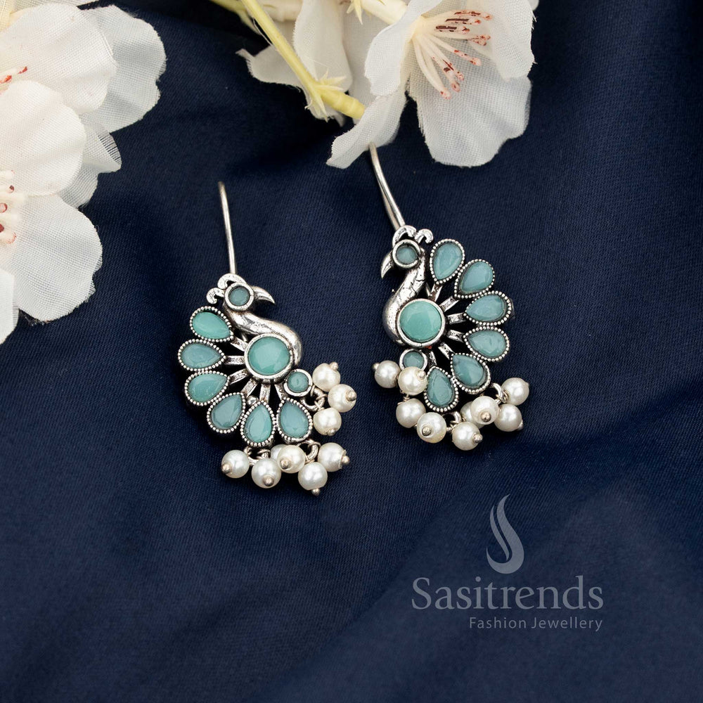 Mint Oxidised Peacock Motif Fish Hook Earrings with Hanging Pearls - Sasitrends 