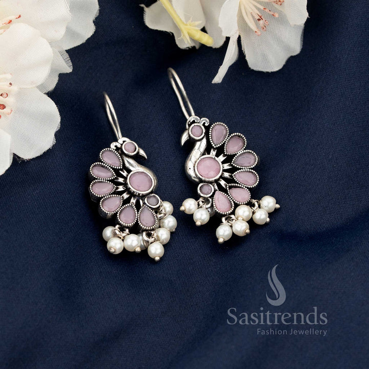 Pink Oxidised Peacock Motif Fish Hook Earrings with Hanging Pearls - Sasitrends 