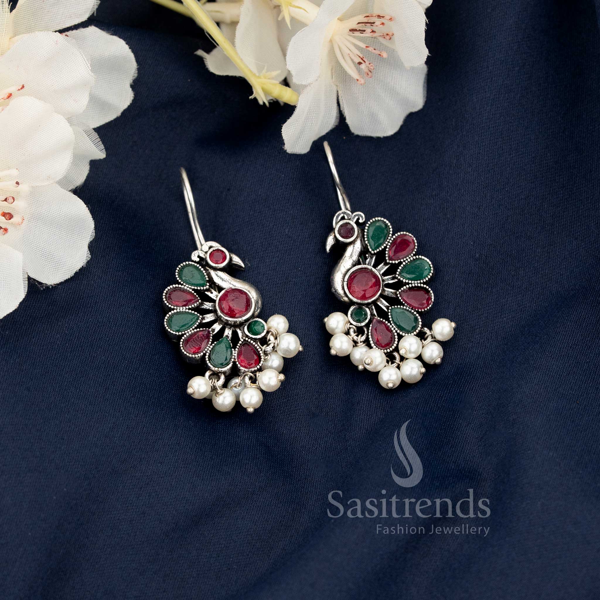 Ruby Green Oxidised Peacock Motif Fish Hook Earrings with Hanging Pearls - Sasitrends 