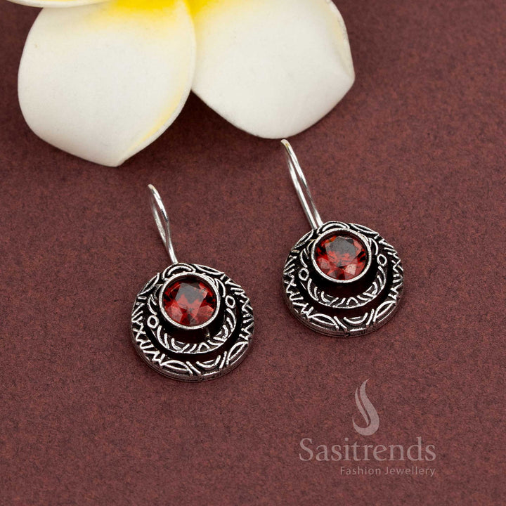 Elegant Casual Wear Oxidised Engraved Crescent Earrings with Center Natural Stone - Sasitrends - Sasitrends
