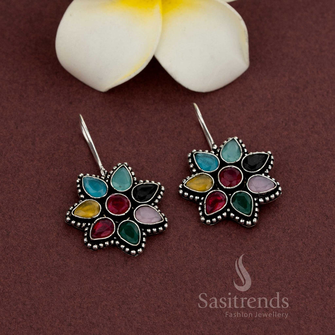 Floral shaped oxidised earrings with natural stones - Sasitrends