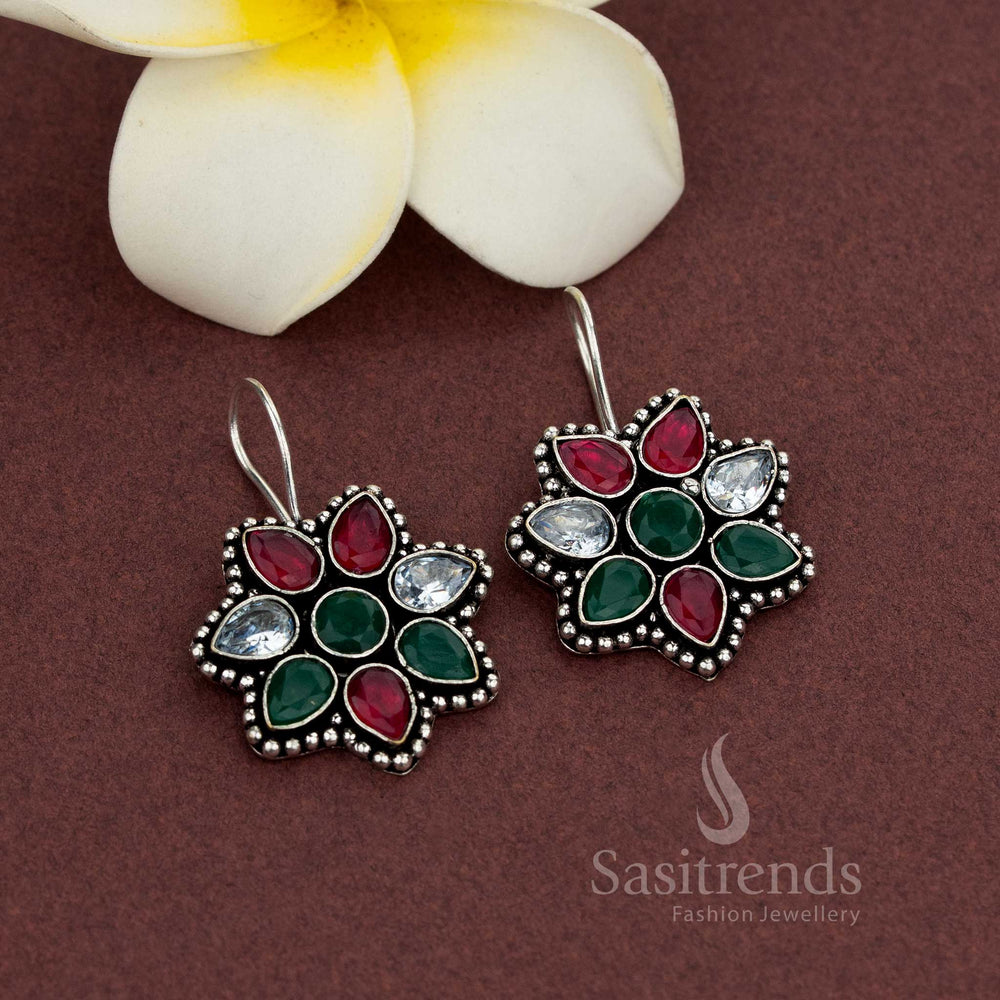 Floral shaped oxidised earrings with natural stones - Sasitrends