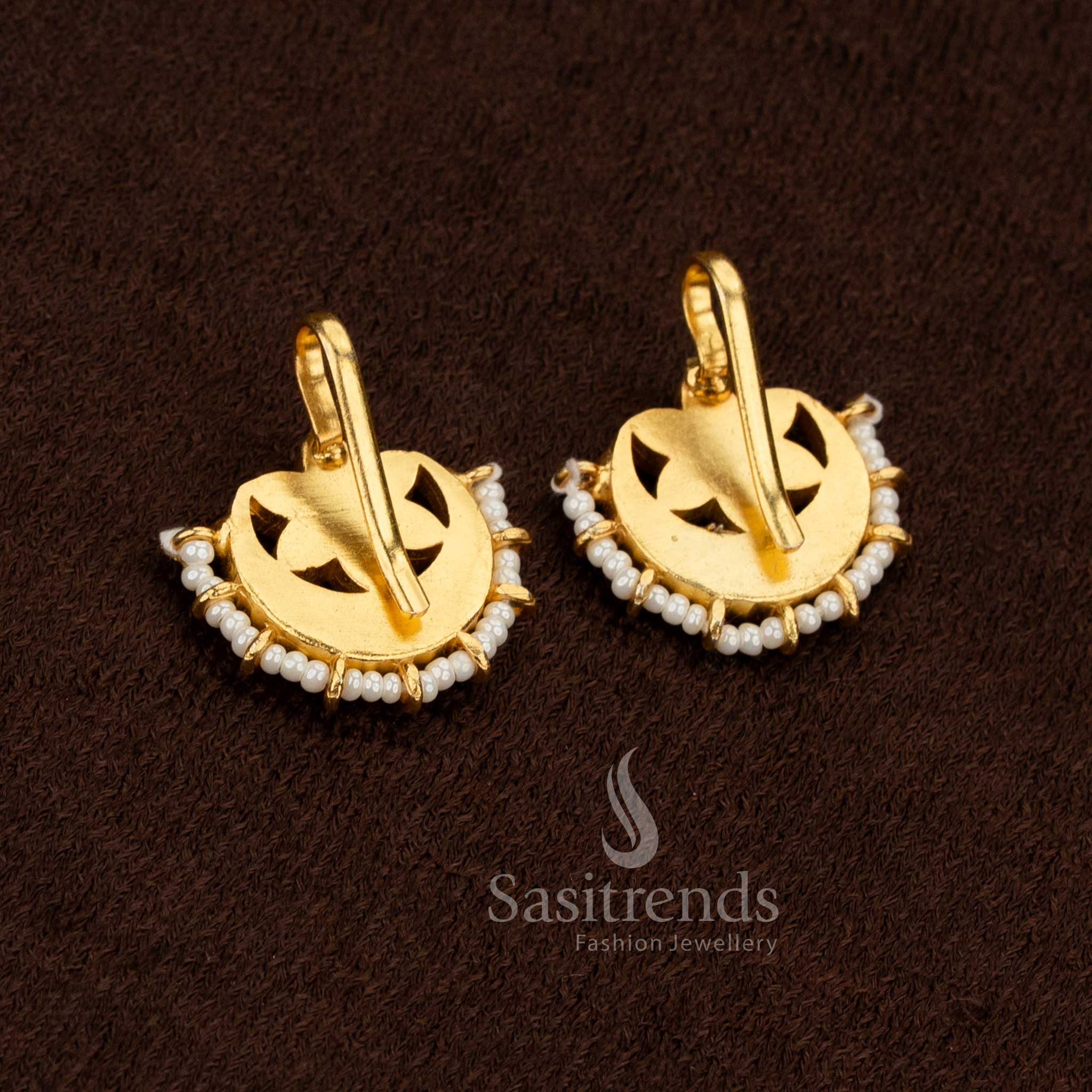 Divine floral crescent jadau bugadi earrings with kundan AD stones pearls for temple festivities - Sasitrends

