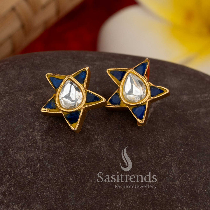 24K Jadau Gold Plated Star Motif Teardrop Kundan Stone Bugadi Ear Cuff Earrings for Cultural & Festive Styling
