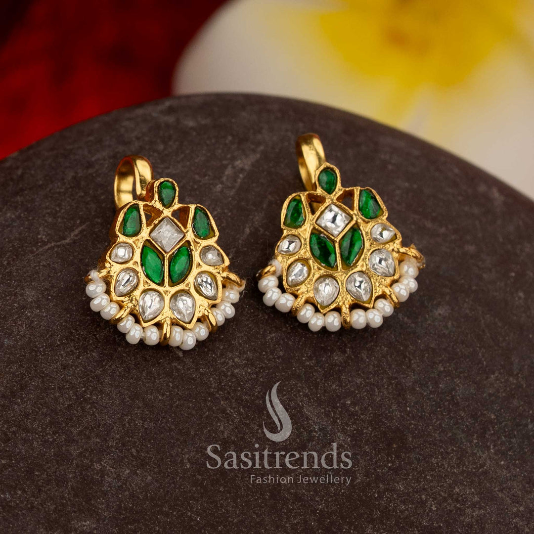 Traditional green white kundan jadau bugadi ear cuffs featuring teardrop leaf crescent stones pearls - Sasitrends