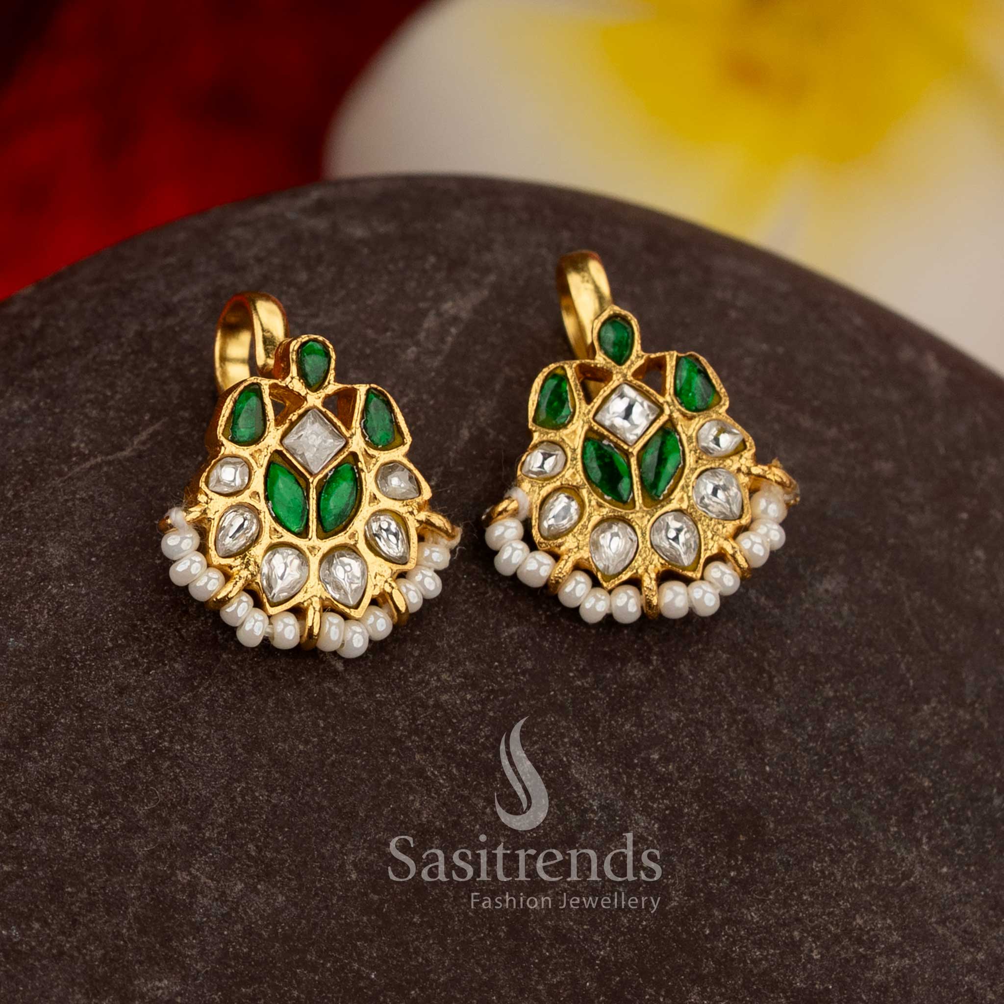 Traditional green white kundan jadau bugadi ear cuffs featuring teardrop leaf crescent stones pearls - Sasitrends