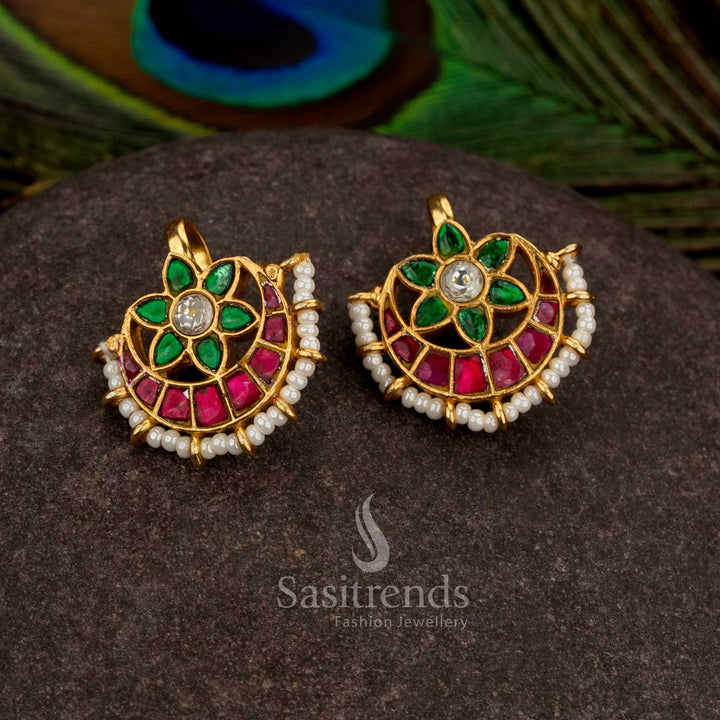 Divine 24K Jadau Gold Plated Floral Crescent Kundan AD Stone & Pearl Bugadi Ear Cuff Earrings for Festive & Temple Styling