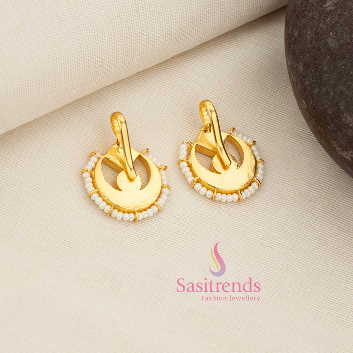 24K Jadau Kundan gold plated half moon bugadi earcuff earrings featuring square and round stone top with pearl drops, ideal for serene festive gatherings and graceful ethnic dressing - Sasitrends