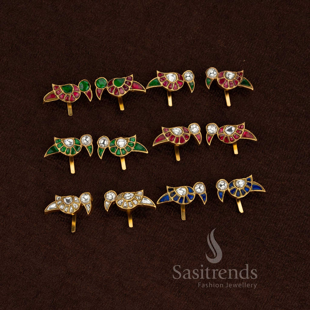 Royal 24K jadau parrot motif bugadi earrings full view featuring kundan stones for festive wear - Sasitrends