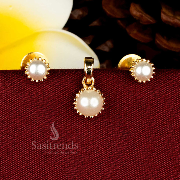 Regal 24K Micro Gold Plated Pearl & AD Stone Pendant with Earrings for Festive Saree and Celebration Styling