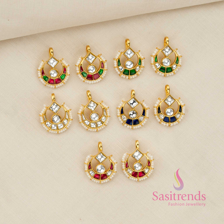Collection of 24K Jadau Kundan gold plated half moon bugadi earcuff earrings featuring square and round stone top with pearl drops, ideal for serene festive gatherings and graceful ethnic dressing - Sasitrends