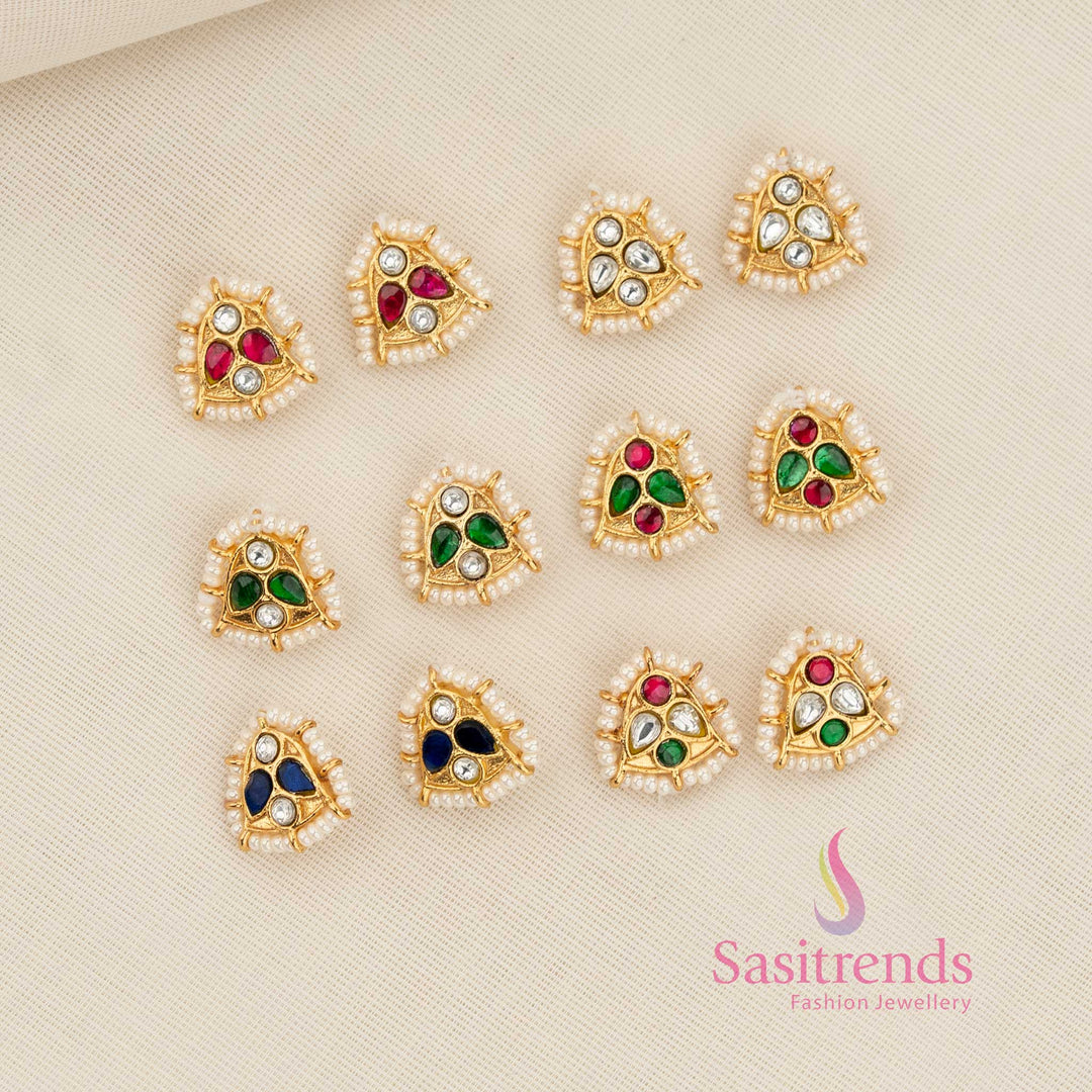 Collection of Jadau Kundan triangle stud bugadi earcuff with pearl border for vibrant temple-inspired South Indian festive dressing – Sasitrends