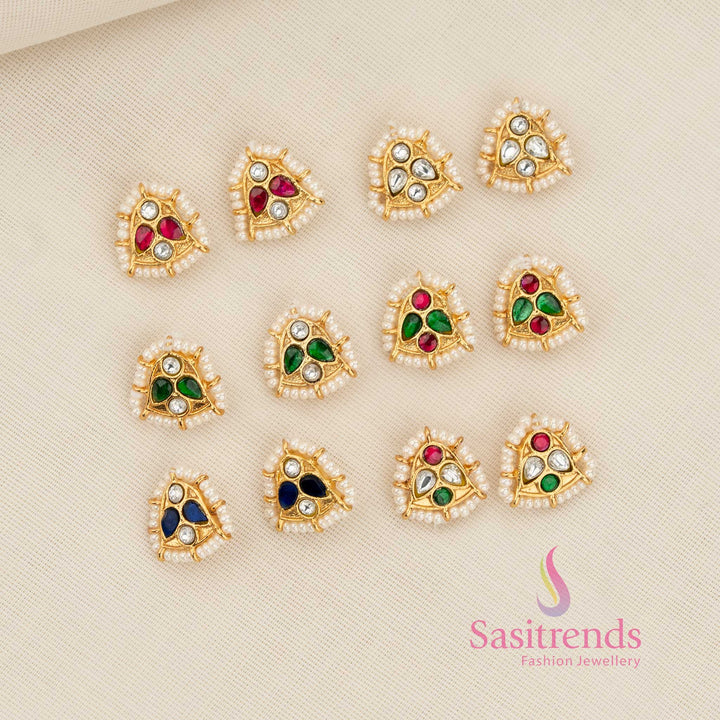 Elegant 24K Jadau Kundan Gold Plated Triangle Stud Earcuff Bugadi Earrings with Pearl Border for Temple-Inspired and Cultural Festive Dressing