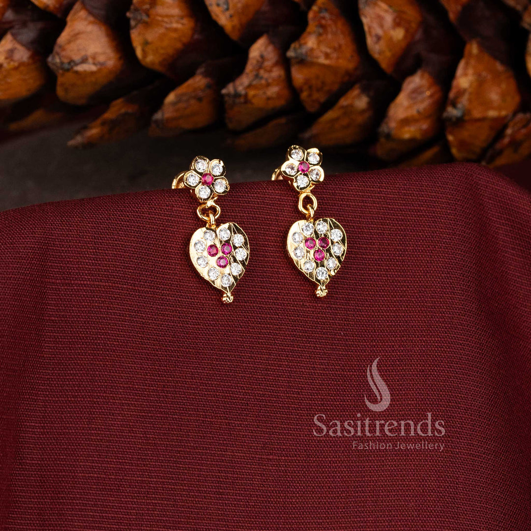 Traditional South Indian floral stud with a dangling heart-shaped leaf pendant set with ruby-pink and white American Diamonds 2943D - Sasitrends