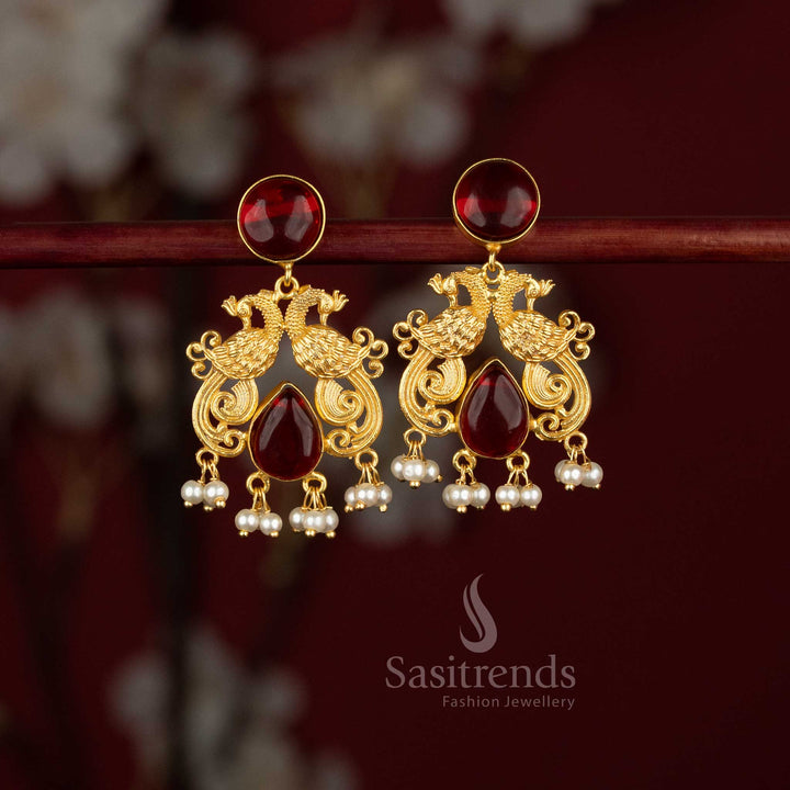 24K Gold Plated Dual Peacock Circular & Teardrop Stone Earrings with Pearls for Traditional Celebrations