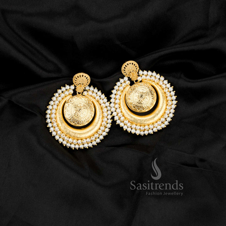 Radiant 24K Gold Plated Layered Circular Chandbali Pearl Earrings with Intricate Temple Motifs and Traditional Beaded Border | Festive & Traditional Wear