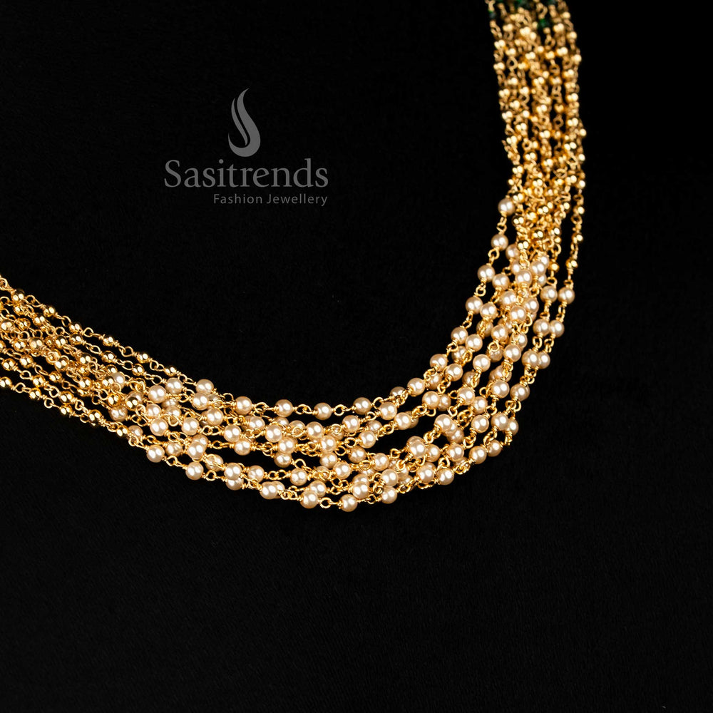 Elegant 24k gold plated pearl, green bead & golden bead multi layer mala necklace - Sasitrends