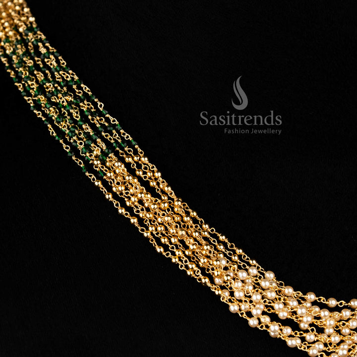 Traditional Festive wear 24k gold plated pearl, green bead & golden bead multi layer necklace - Sasitrends